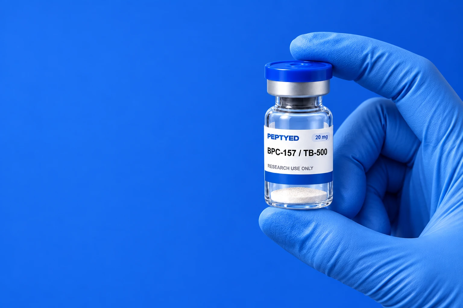 Illustration of a gloved laboratory hand holding a Peptyed BPC-157 / TB-500 research vial