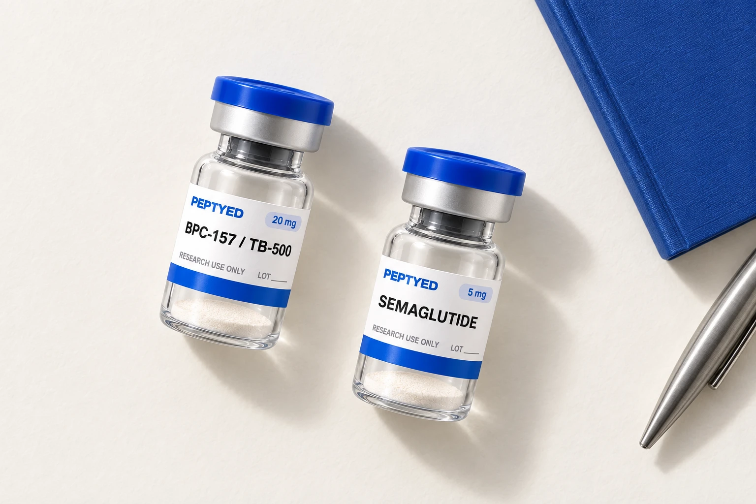 Overhead product illustration of two Peptyed research vials beside a laboratory notebook