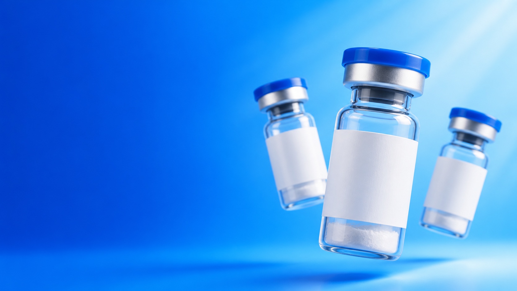 Three blue-capped research vials floating against a bright blue background