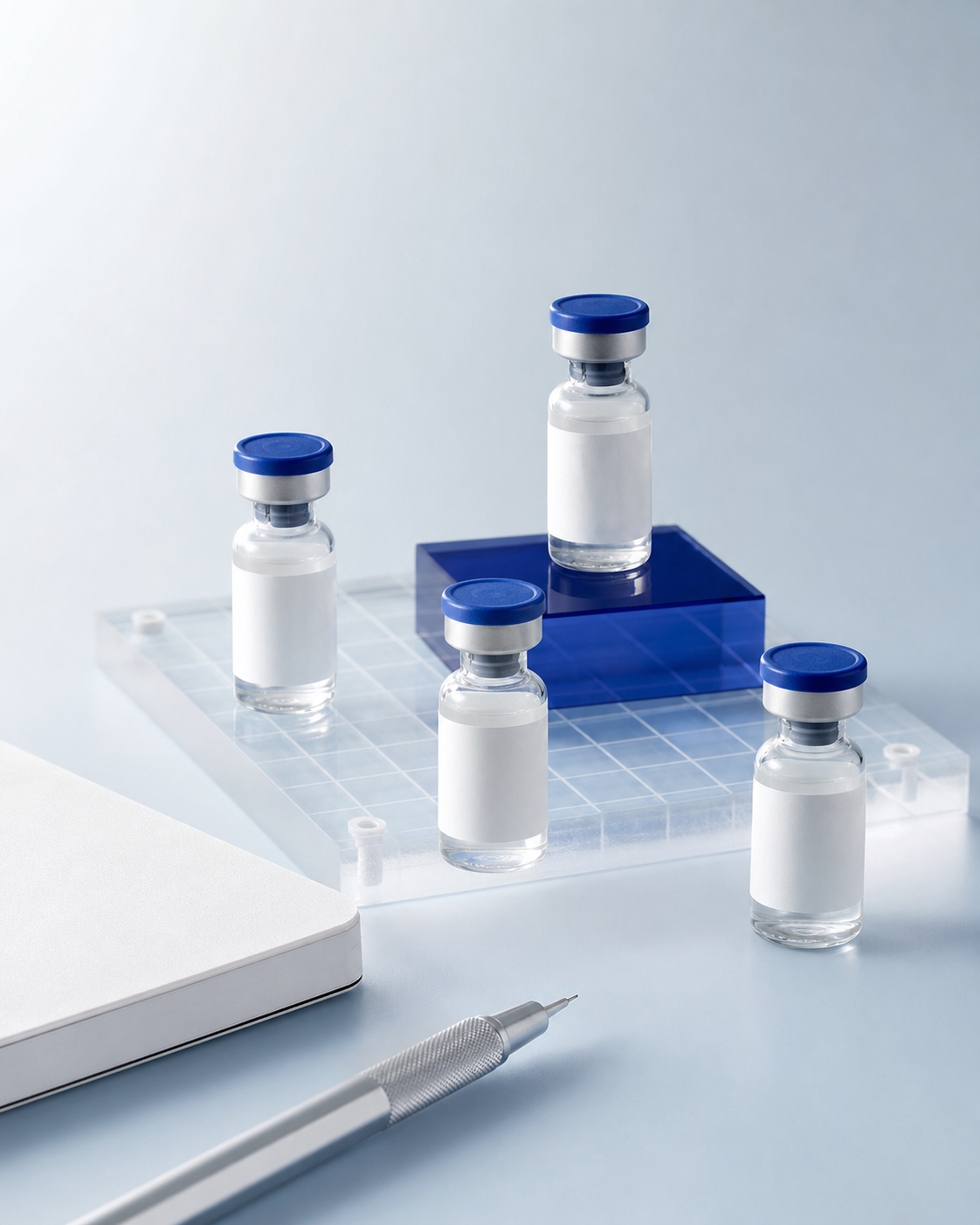 Four blue-capped research vials arranged on a clear planning grid beside a notebook and pencil